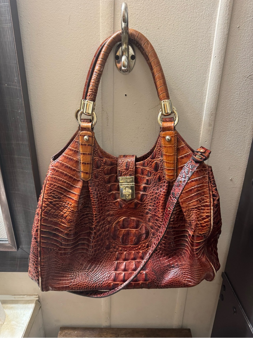 Brahmin Brown Croc-Embossed Leather Shoulder Bag with Gold Hardware